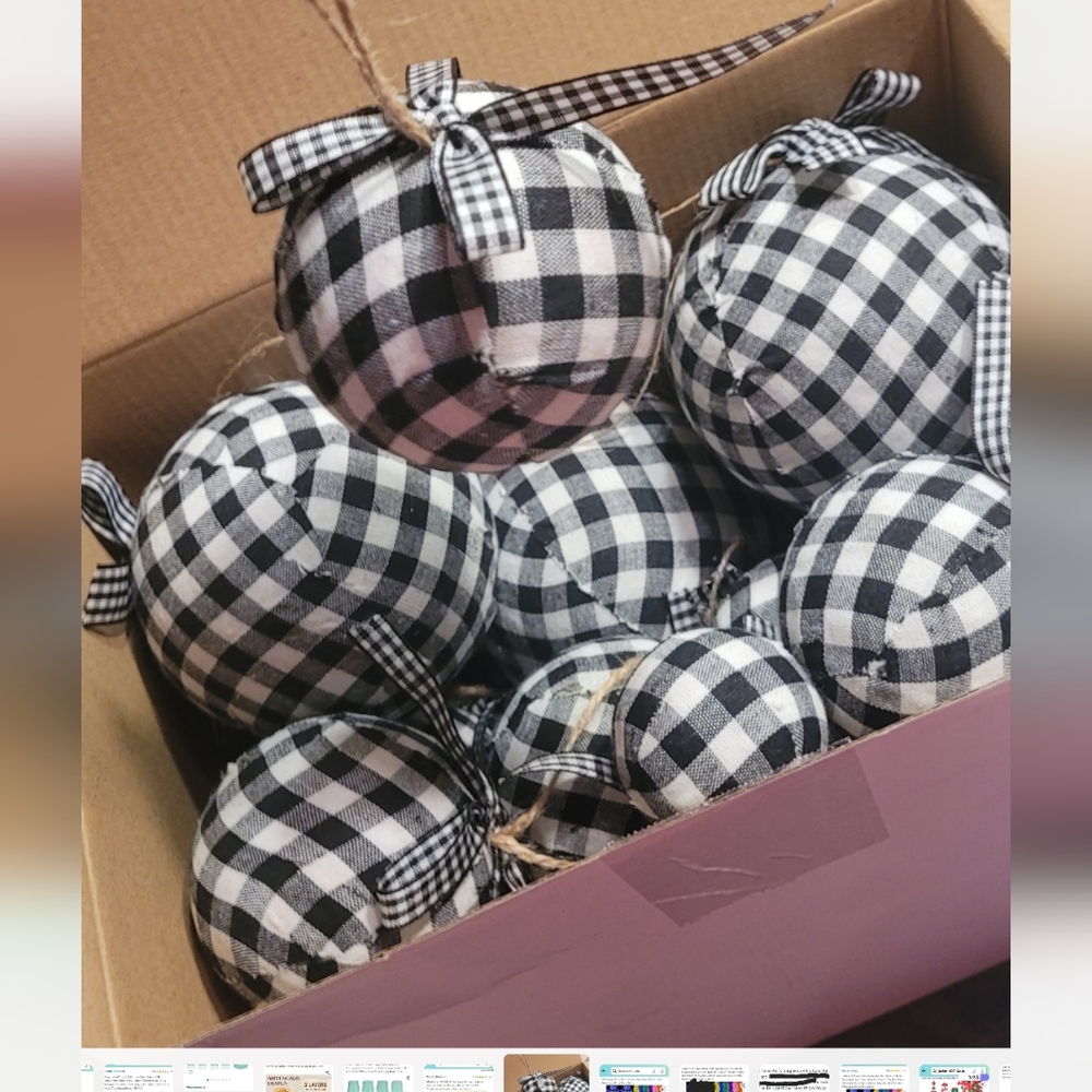 New in box! Set of 36 assorted Black and white buffalo plaid hanging ornaments